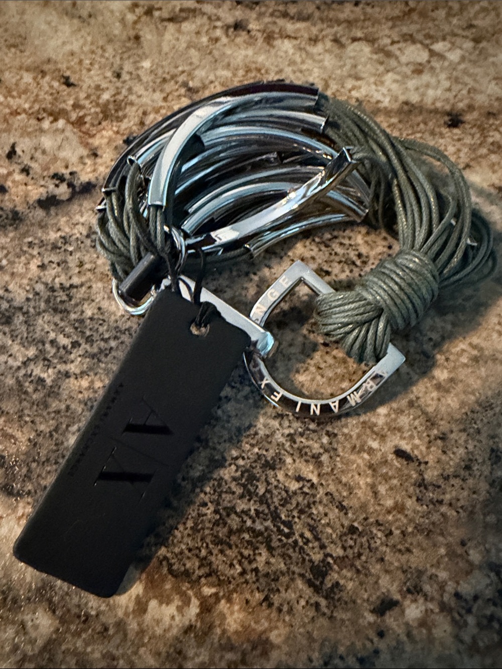 Armani Exchange Silver and Olive Bracelet with Logo Ring